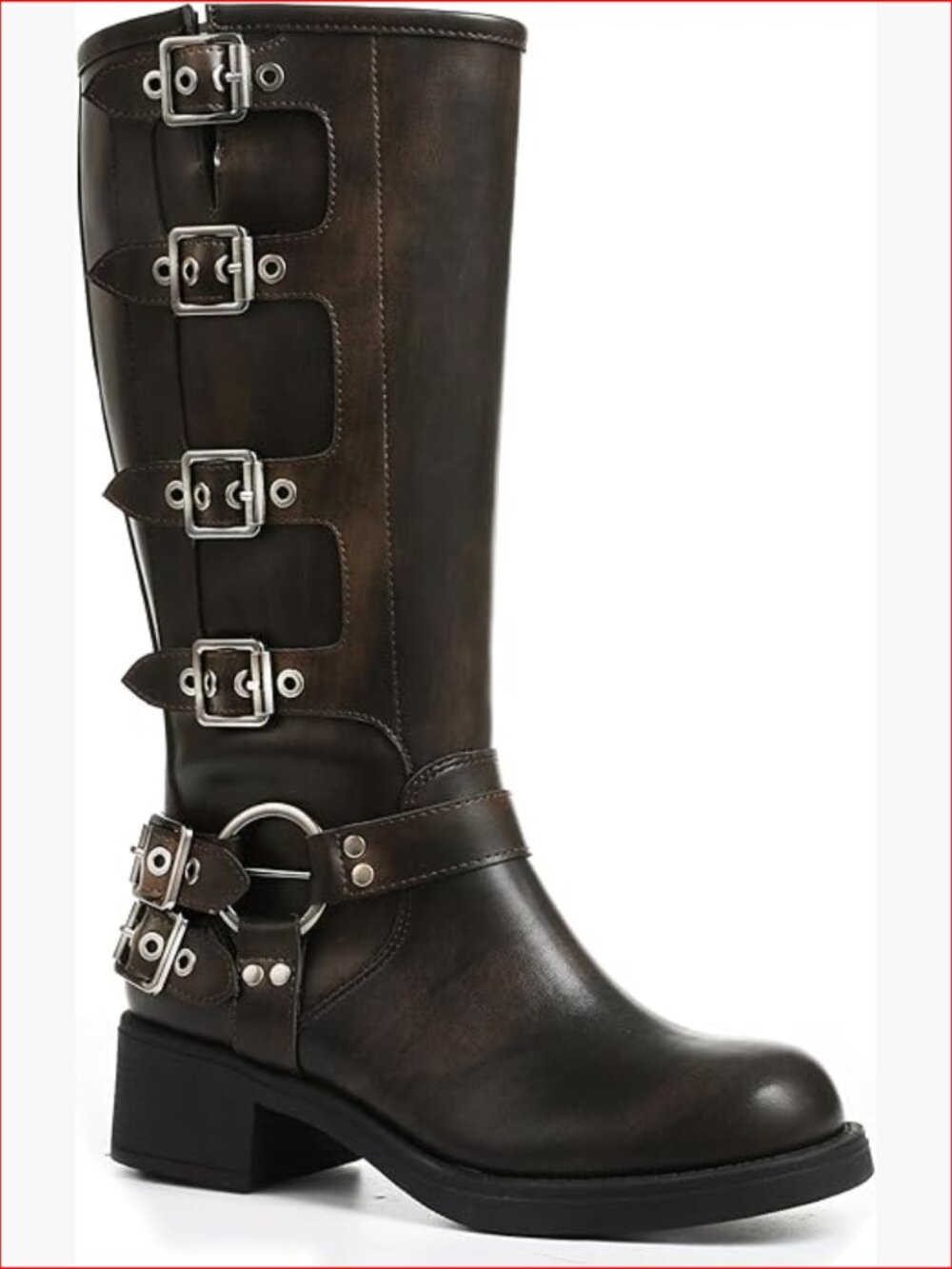 Knee High Boots Square Toe Pull On Wide Calf Riding Fashion Buckles Chunky Heel